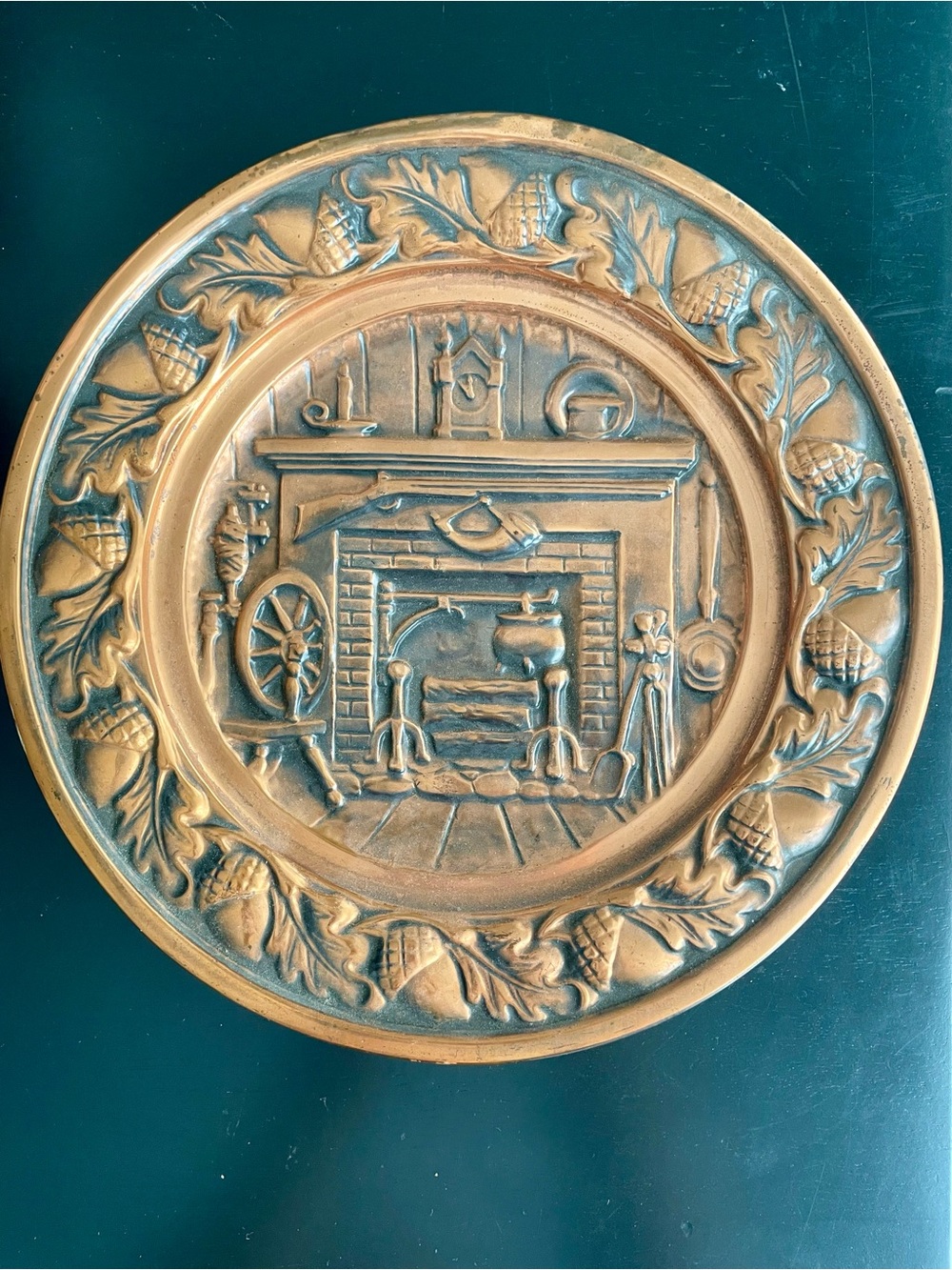 Vintage Coppercraft Guild Decorative Round Wall Plaque with Fireplace Motif